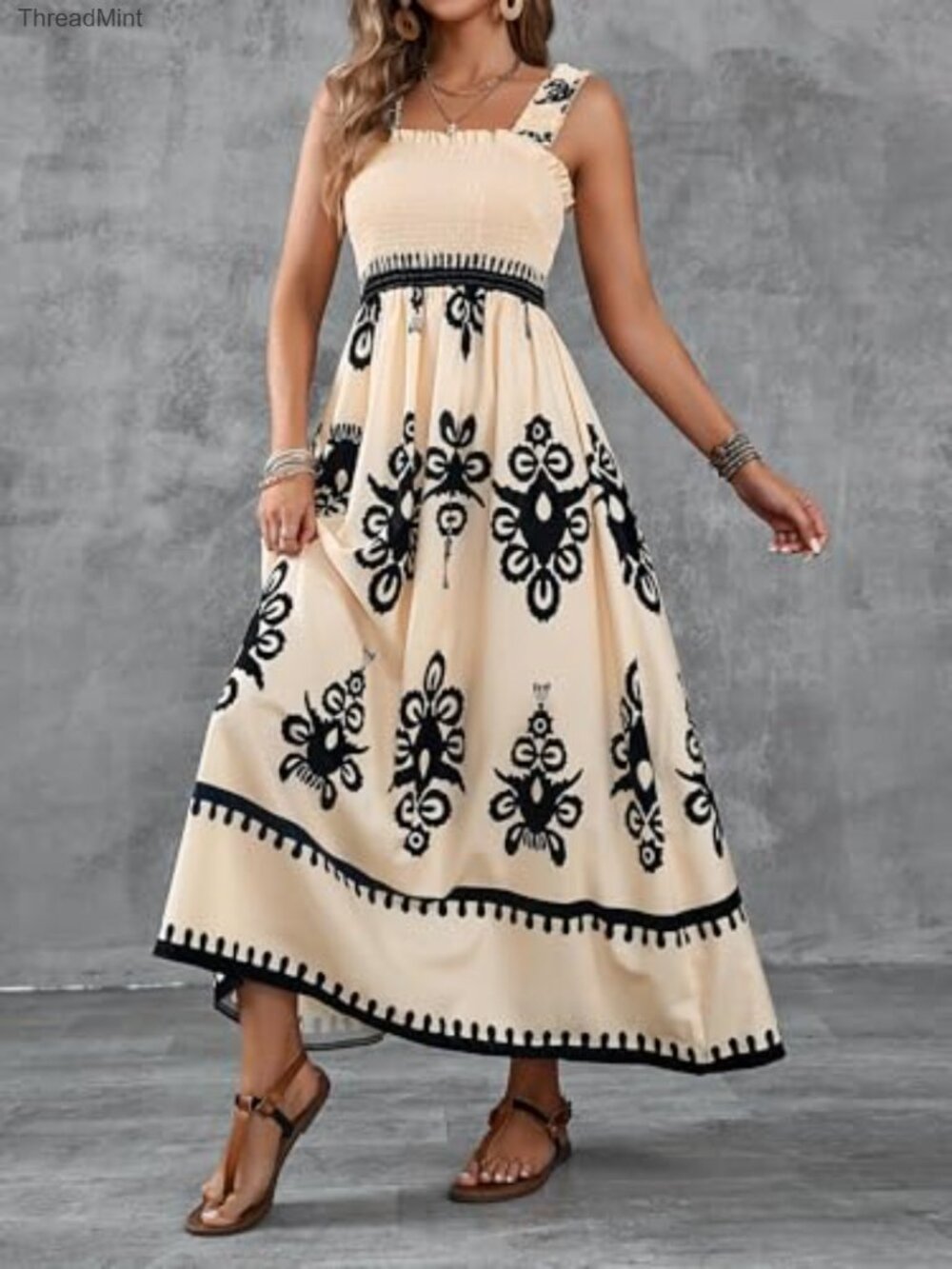 Square Neck Boho Maxi Dress Casual Long Spring Summer Sundress - Picture 5 of 7
